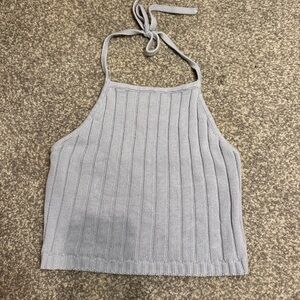 Grayish Light Blue Ribbed Cropped Halter Top - final sale